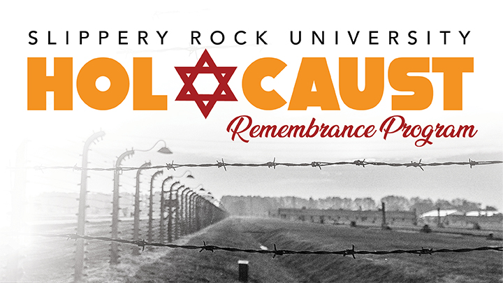 Graphic of barbwire fence that says SRU Holocaust Remembrance Program