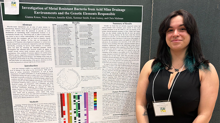 Student standing next to research poster