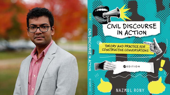 Portrait photo of Nazmul Rony next to book cover