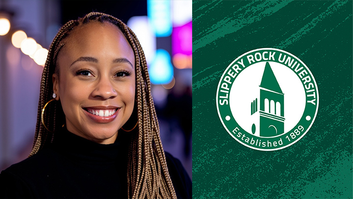 Portrait of Joveline Pettus next to SRU logo
