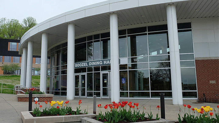 Exterior of Boozel Dining Hall main entrance.