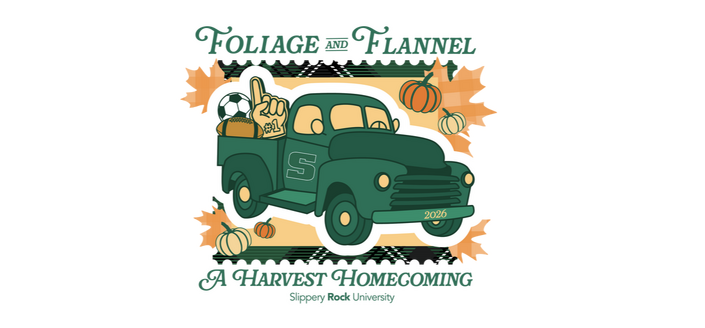 SRU homecoming logo with fall leaves and a branded green truck: Foliage and Flannel. A Harvest Homecoming.