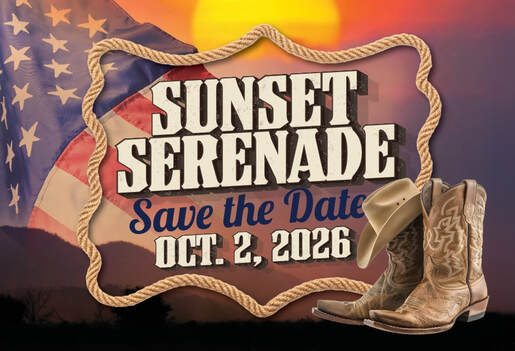 Sunset Serenade Save the Date Oct. 2, 2026 Graphic with cowboy boots and American flag and sunset