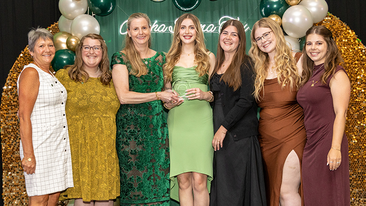 Representatives who presented and accepted awards for the Alpha Sigma Tau’s Alpha Pi Chapter at the national convention in Minneapolis included, from left, member development advisers Susan Swartz ’84 and Bri Kovalesky; Jamie Jones Miller, Alpha Sigma Tau's national president; Daphnie Knapp, SRU student and chapter president; Abigail Gindlesperger, SRU student and chapter vice president; Lily Grady, SRU student and chapter vice president; and Melissa Geibel, growth adviser.