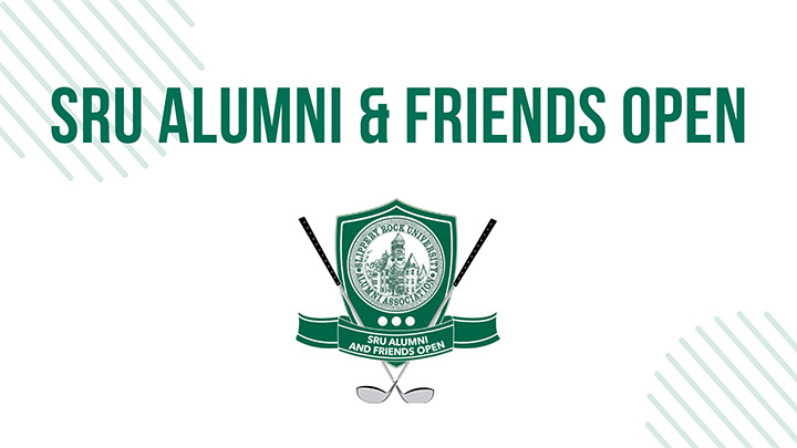 Graphic that says SRU Alumni & Friends Open with golf clubs
