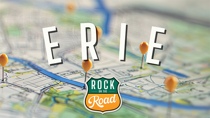 Map with Erie and logo that says Rock on the Road.