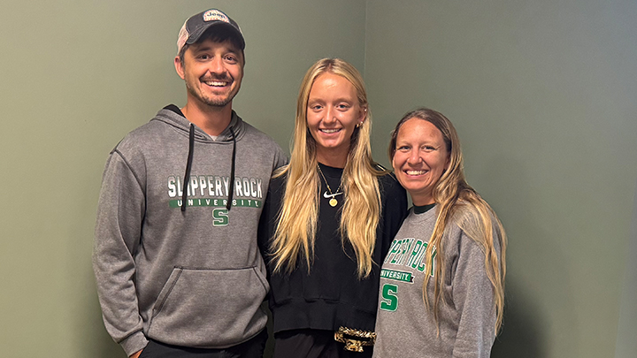 From left, Gregg, Baylee and Erika Sleek were among the 1,400 families who participated in Slippery Rock University’s move-in day, Aug. 20, as Baylee joins a the first-year class at SRU read to mark their mark in their college journey.