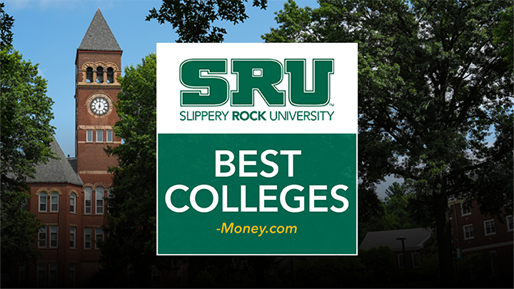 Old Main clock tower behind a graphic that says SRU Best College Money.com