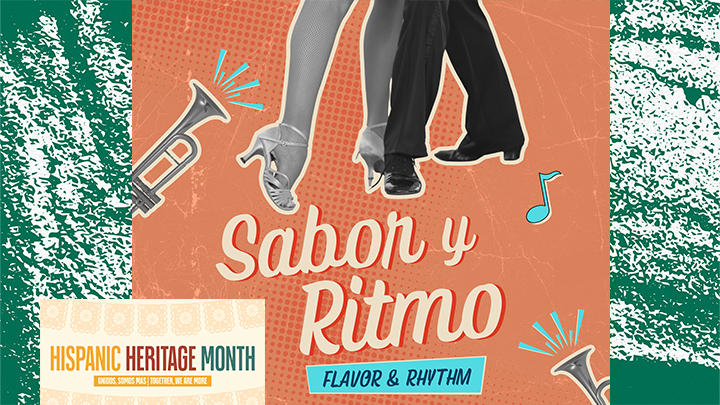 Graphic with feet of dancers and Sabor y Ritmo Flavor & Rhythm