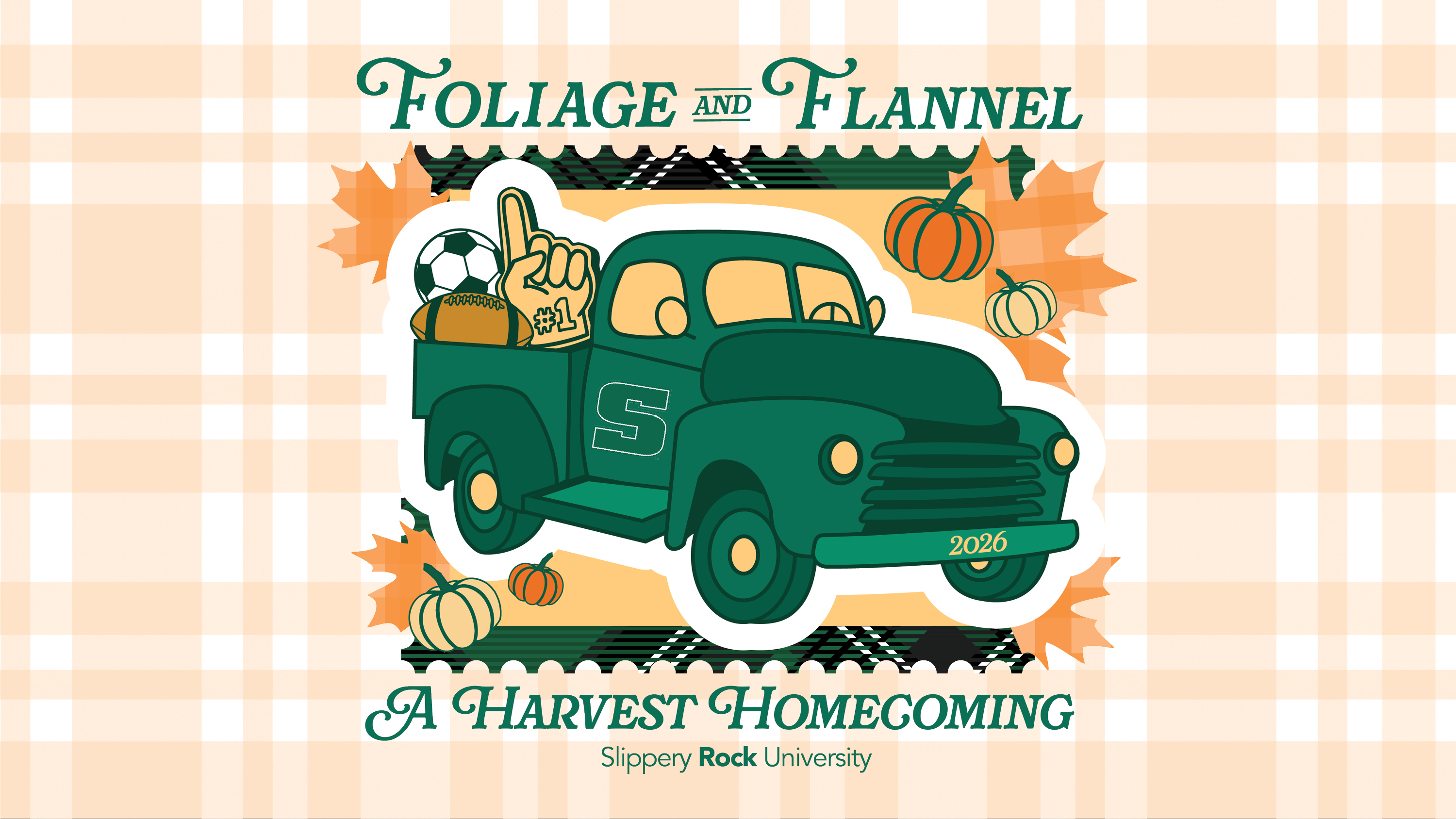 Graphic of a Truck with pumpkins that says Foliage and Flannel, A Harvest Homecoming