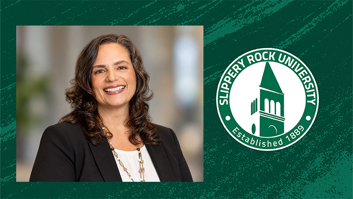 Portrait photo of Natalie Rice next to an SRU logo