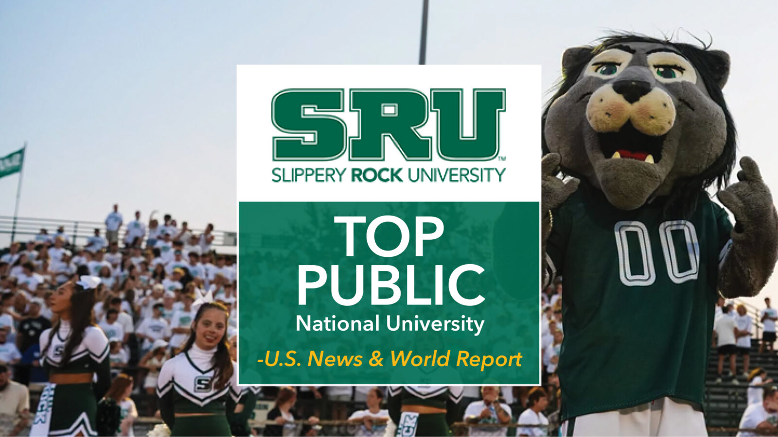Rocky lion mascot standing next to graphic that says SRU Top Public National University by U.S. News & World Report.