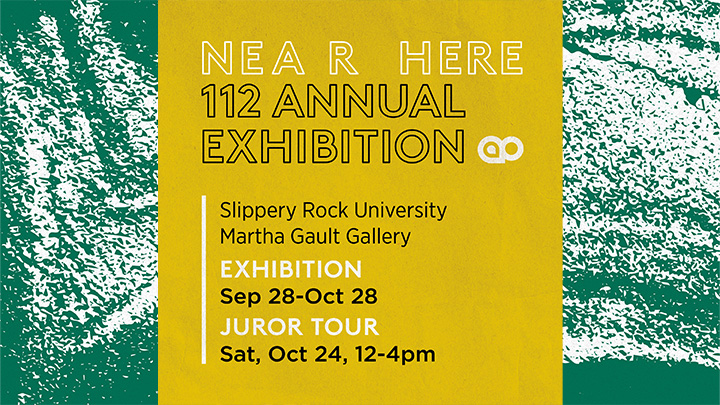 Yellow poster graphic for art exhibit with words Near Here.