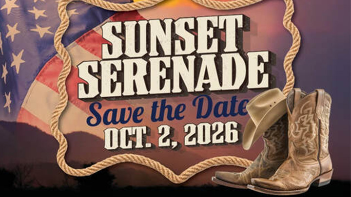 Sunset Serenade Save the Date Oct. 2, 2026 Graphic with cowboy boots and American flag and sunset
