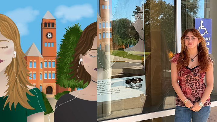 SRU senior art major Talia Curry stands in front of a window at Boozel Dining Hall where her digital media artwork “Girlhood” is on display as part of the “Windows of SRU” exhibit. Her art is enlarged at the left to show detail.