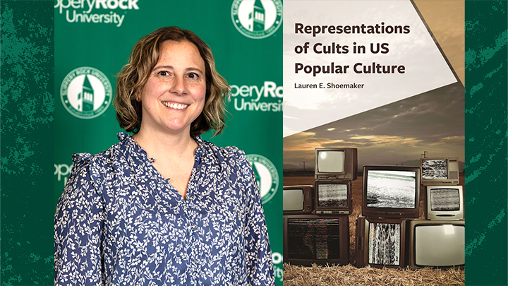 Portrait for Lauren Shoemaker next to the cover of her book that has the title "“Representation of Cults in US Popular Culture,” on it with a photo of broken TV sets.