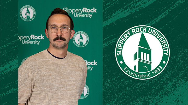 Portrait of Patrick McGinty next to SRU's Old Main logo.