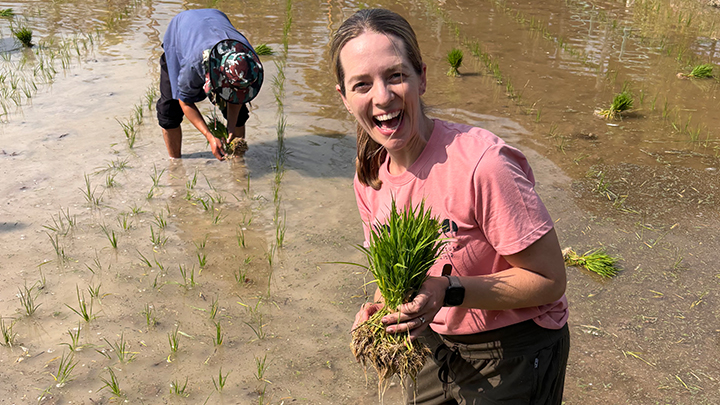 Smiling woman standing in a rice paddy holding rice plant.