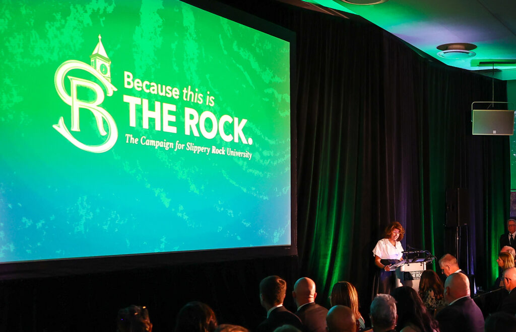Slippery Rock University revealed the public phase of its comprehensive campaign with a gala event, Oct. 24 at the Performing Arts Center, featuring a premiere of the campaign video and remarks by SRU President Karen Riley.