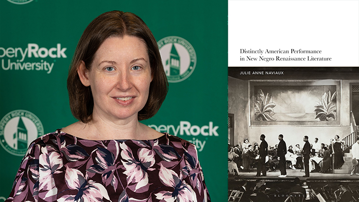 Portrait of woman next to book cover with title “Distinctly American Performance in New Negro Renaissance Literature.”